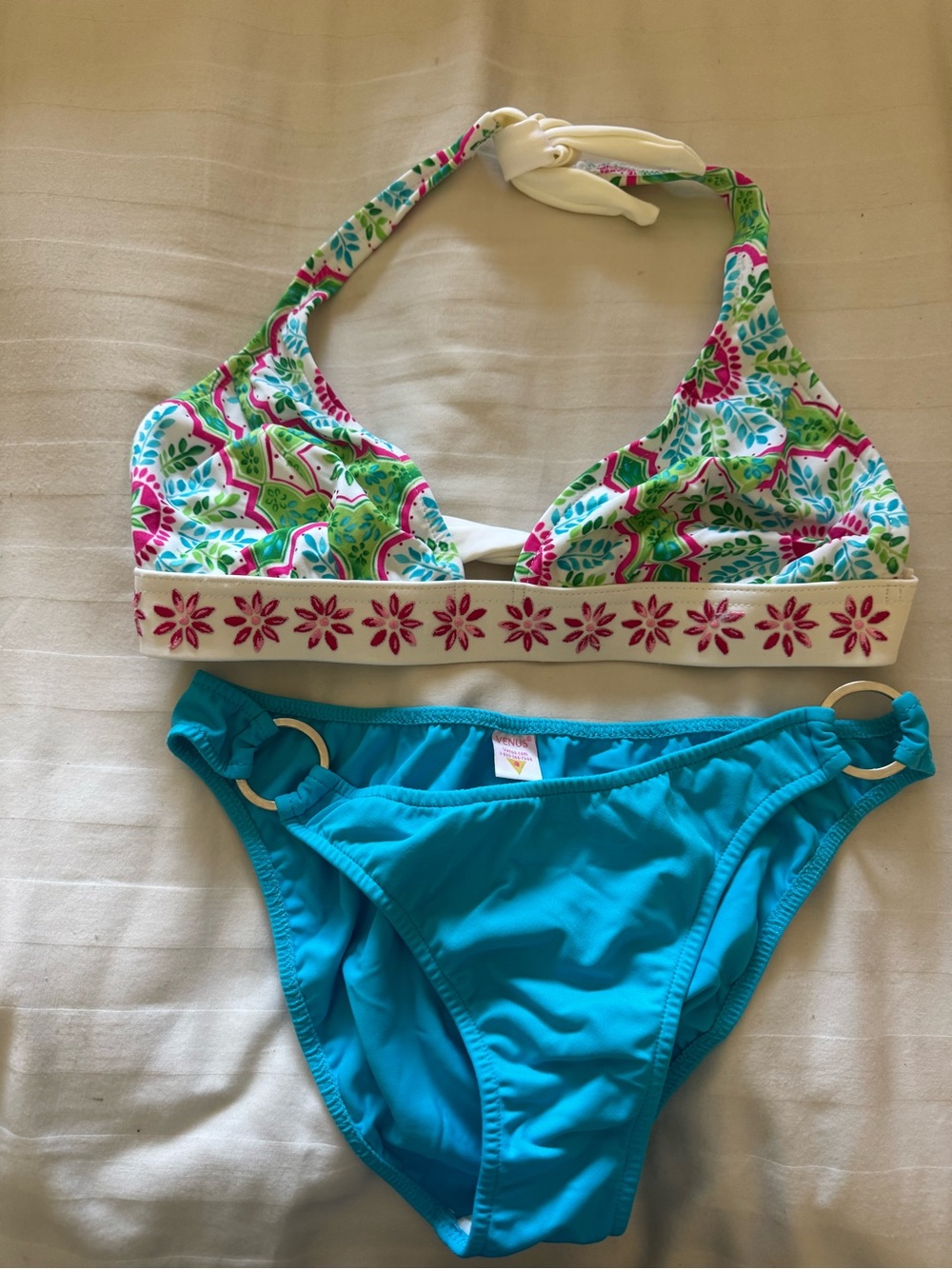 VENUS Floral Halter Bikini Top with Bright Teal Bottoms size 8 bottom/“D” top